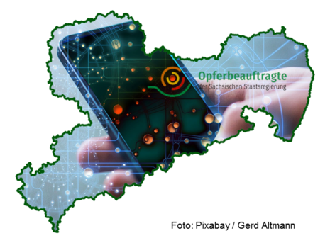 Vorschaubild für Thema Opferbeauftragte ; Smartphone und Logo der Opferbeauftragten 